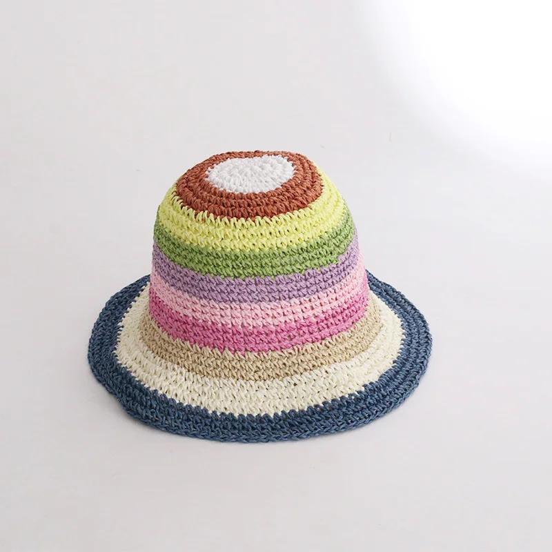 Japan Korea Crochet Beach Straw Hat Women Summer Flowers Grid Pure Hand-woven Hat Sunshade Fisherman Breathable Bucket Gorras
