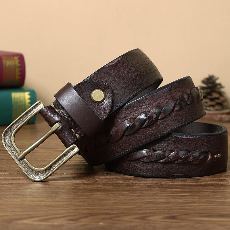 Woven Leather Belt Male Leather Pin Buckle Handmade Retro Old Fashion Young Personality Brass Buckle Belt