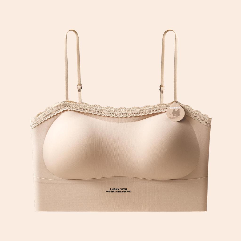 Summer Seamless Lace Trim Push-Up Bandeau Bra – Wire-Free, Strappy, Anti-Exposure, Sweet Beautiful Back Design.