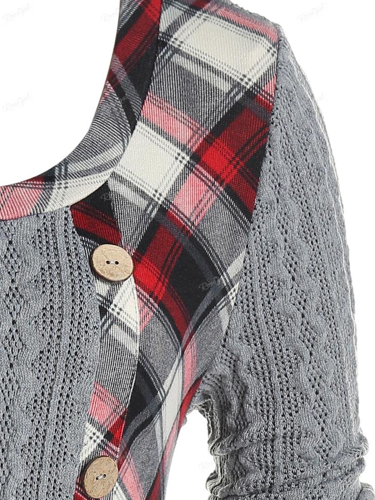 Maglietta a maglia a trecce con motivo scozzese misto Rosegal Plus Size