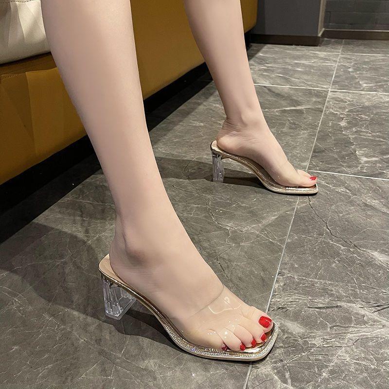 Go Out and Wear Crystal Thick Heel One-word Drag Women's New Summer Transparent Temperament High Heels High Heels Tide