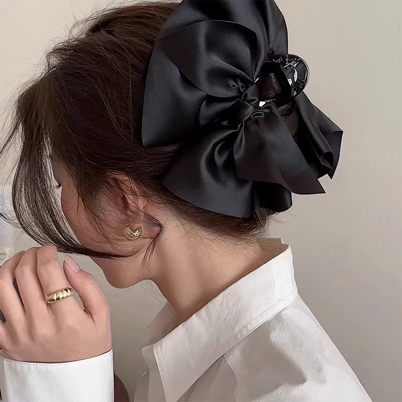 Oversized Black Satin Bow Clip High-End Hair Clip For Women'S Back Of The Head Shark Clip