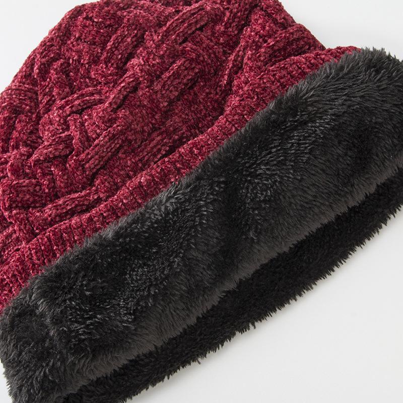 Zimní dvouvrstvý plyšový zahuštěný dámský žinylkový pulovr venkovní pletená čepice