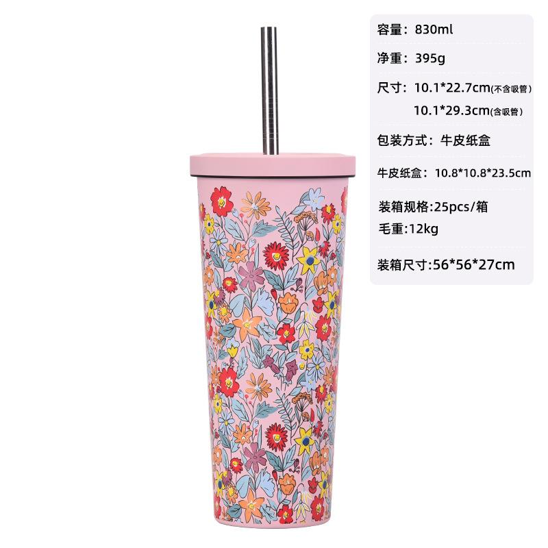 Large Capacity Thermos Cup Wide Mouth Portable Outdoor Sports Kettle Straw Cup Set Printed Water Cup