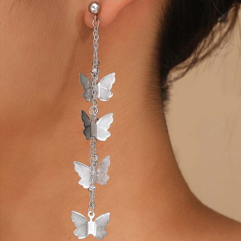 Stainless Steel Gold Color Butterfly Tassel Pendant Earrings For Women Vintage Metal Long Chain Drop Earrings Zircon Gifts