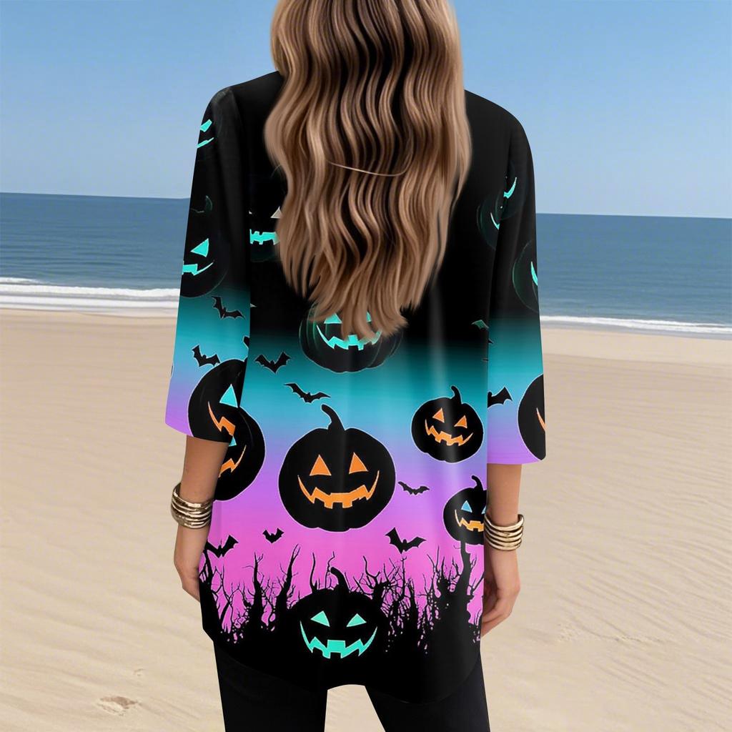 Damen Oberteile V-Ausschnitt 3/4 Ärmel Blusen Lässige Mittellange Hemden Mode Halloween Print Tunika Oberteile Mit Taschen