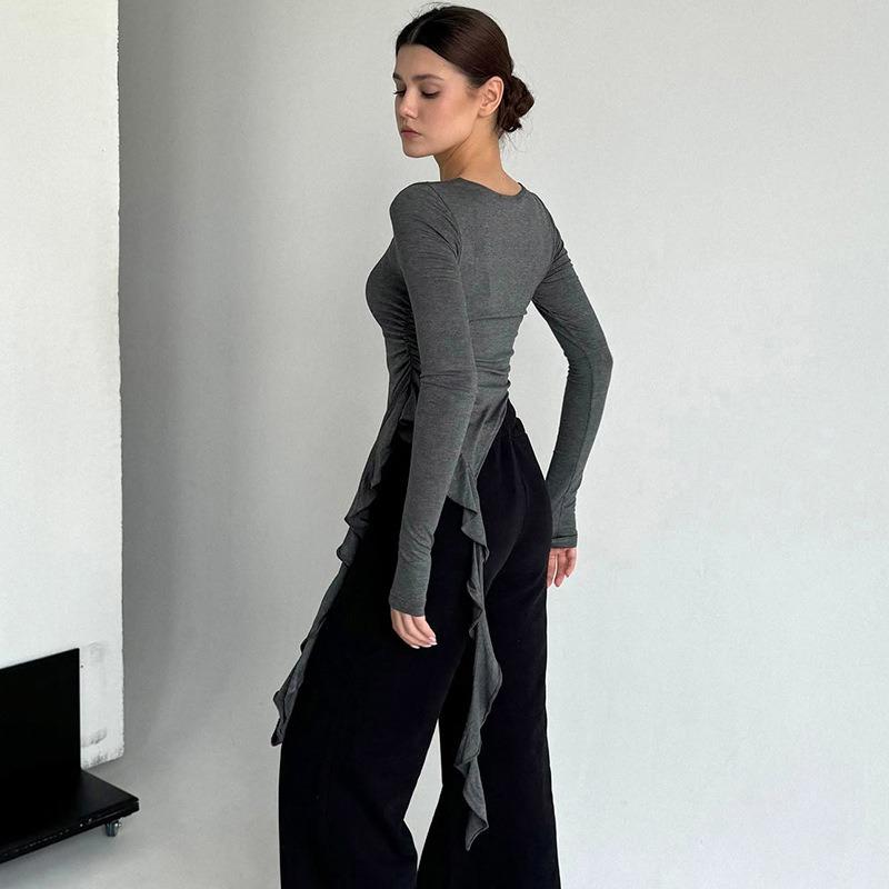 Dámské jarní a letní nové osobnostní nepravidelné pletené slim dámské tričko vnitřní tričko s dlouhým rukávem