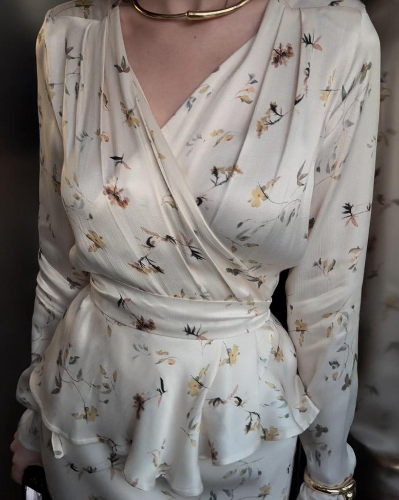 2025 Summer Floral Long-sleeve Tie-up Jacket and Midi Skirt Women's Fashion Set