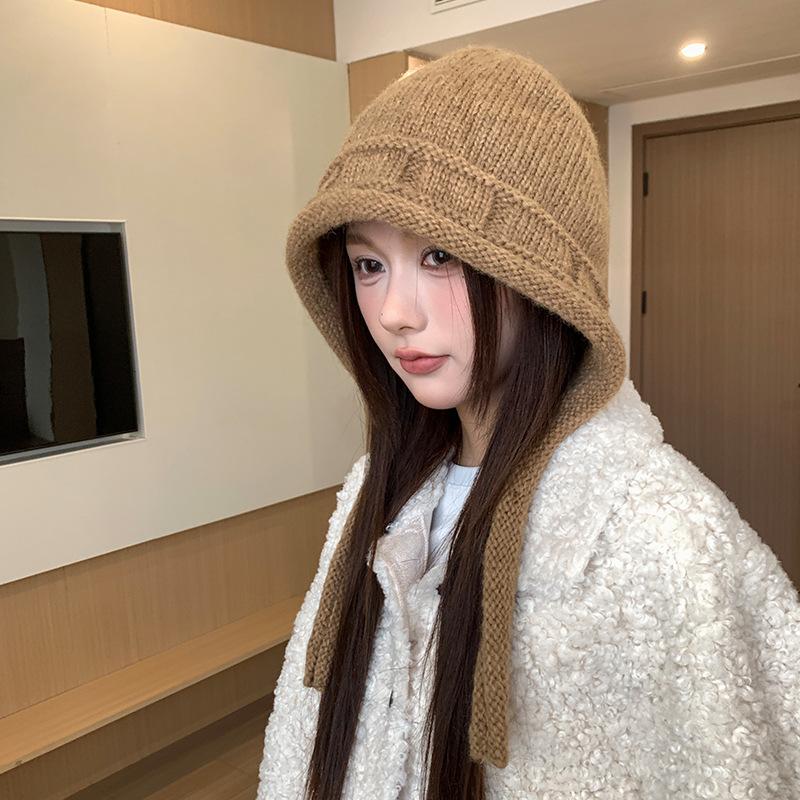 Balaclava Feminino de Alto Padrão à Prova de Vento e Quente Proteção para Orelhas Chapéu de Lã Lenço Integrado Chapéu de Tricô