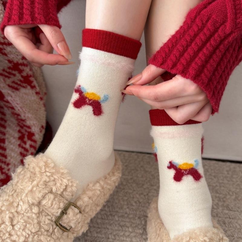 Golden Horse Pegasus Wool Big Red Socks 2026 New Year'S Socks Warm Cashmere Festive Pile Socks