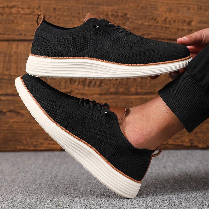 New Men's Classic Walking Shoes Summer Knitted Mesh Breathable Flat Shoes Lightweight Soft Sole Solid Color Lace Up Casual Shoes