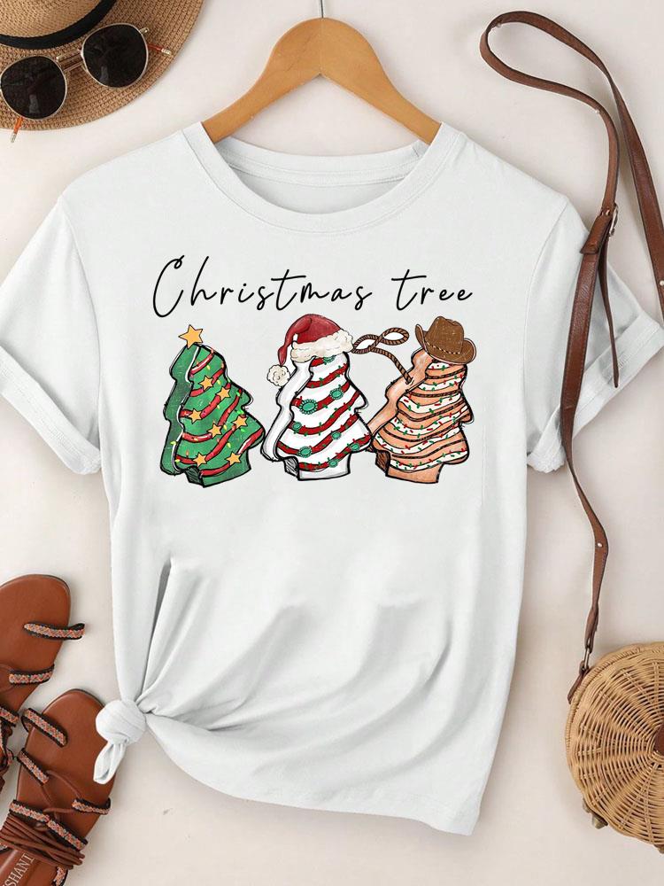 (Asian Size)  Merry Christmas Tee Top Festival New Year Holiday Casual Lovely Letter Cute 90s Women Print Lady Short Sleeve Fashion Graphic T-shirts