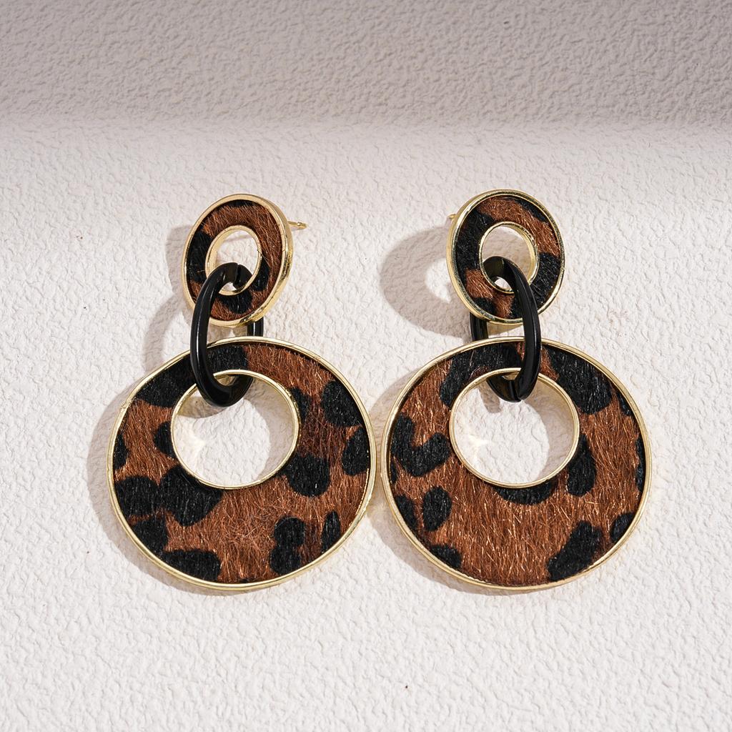 Maillard Flocking Leopard Print Hollow Round Silver Needle Earrings Autumn and Winter Geometric Fashion Earrings