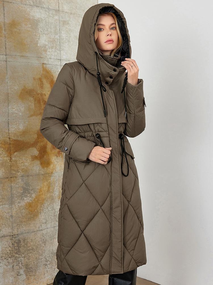 PINK CHIC 2025 New Winter Coat Women Down Jackets High Quality Rhombic Warm Lace up Hooded Long version Female Parka W6553
