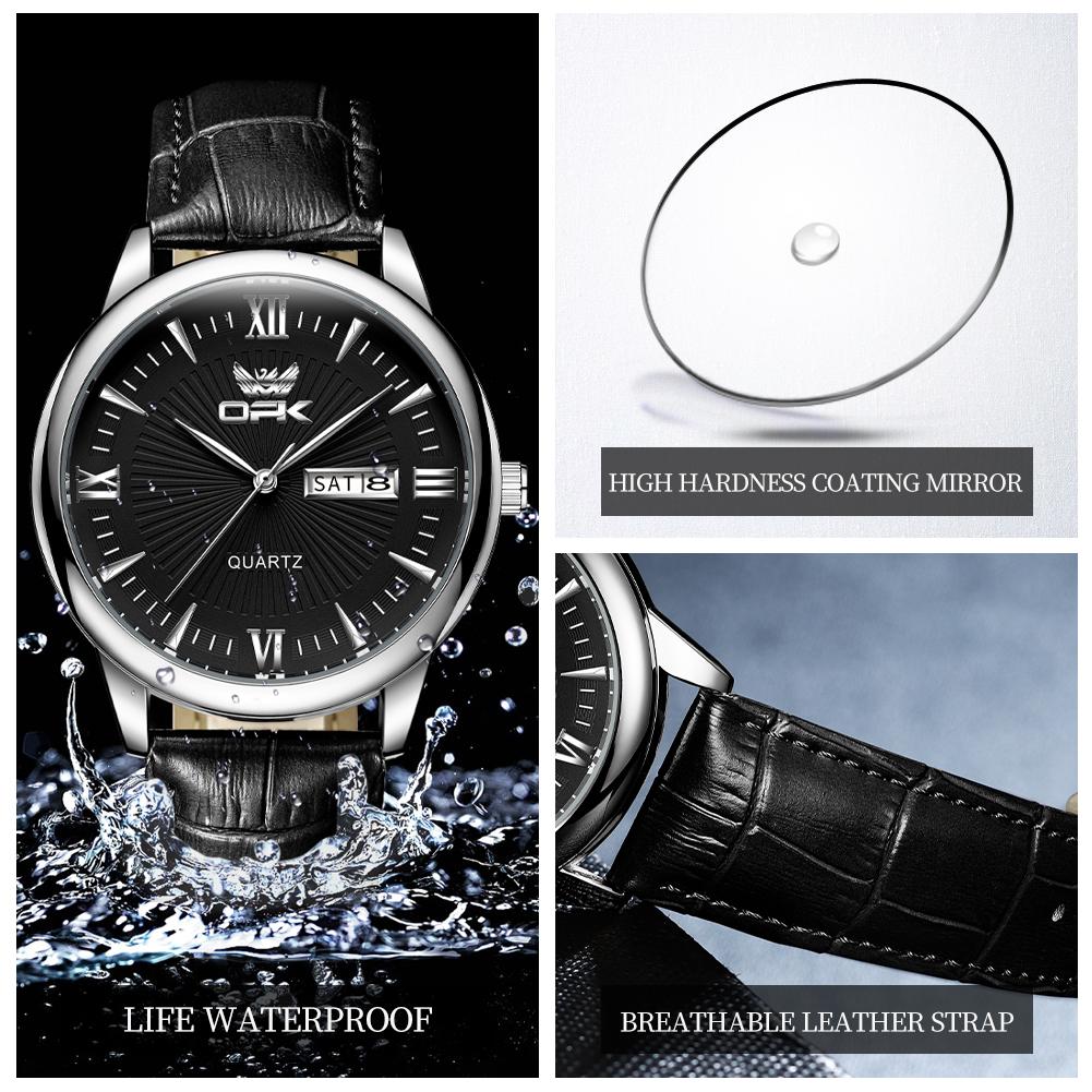 OPK 6014 Fashion Simple Man Watch Leather Strap Dual Calendar Waterproof Original Quartz Men's Wristwatch