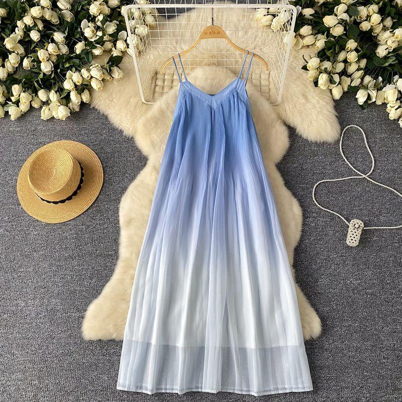 

French Style Fancy Gradient Color Sling Dress Women s Loose Slim Looking Temperamental Fairy Vacation Style Sleeveless Fairy Dress Picture Color S