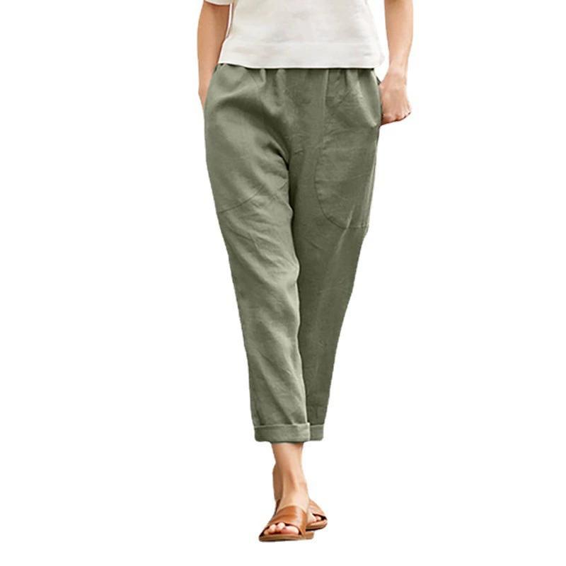 Pantalones casuales de algodón y lino para mujer, de color liso y con bolsillos grandes