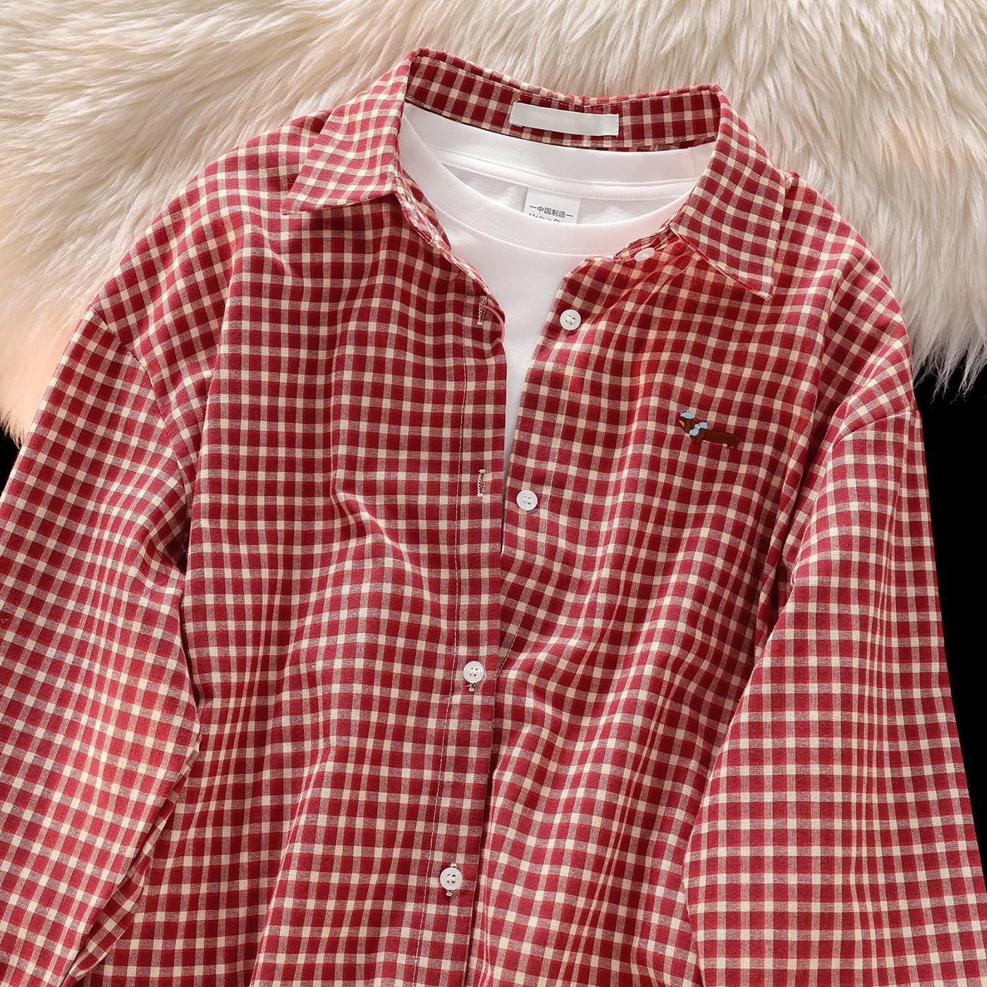 

Women s Retro Plaid Puppy Embroidery Long Sleeve Shirt - Spring/Summer Sun Protection Top 2XL червоний
