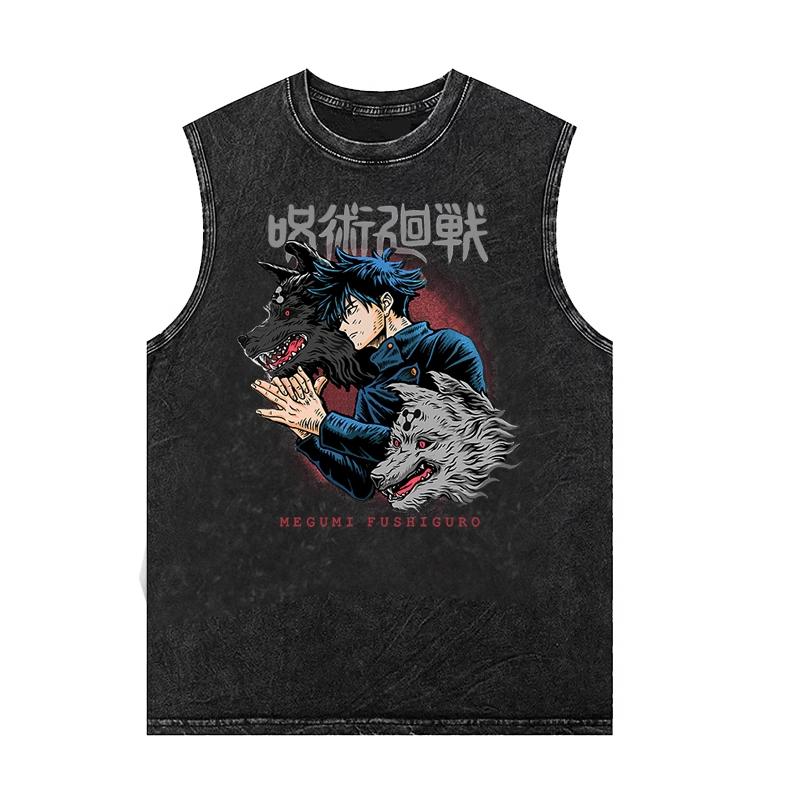 Gojo Jujutsu Anime Men's Tank Top Women's Oversized Vintage Washed Sleeveless Vest Cotton T Shirt Clothes Summer
