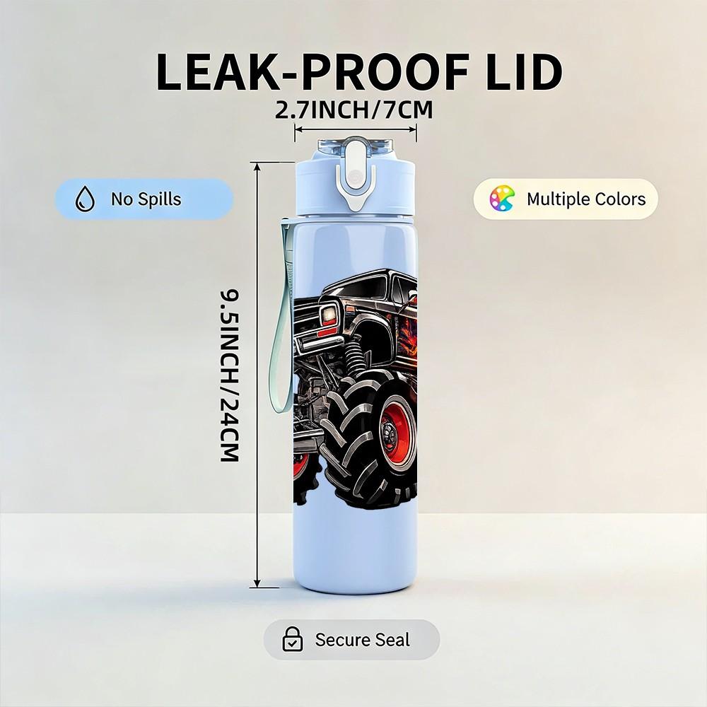 1PC Monster Truck Big Wheel Offroad Print 750ml Color Plastic Sports Water Bottle Leakproof Flip Straw Lid Suitable for Sports Office Home Use