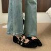 European and American Retro Pointed Flat Bottom Inner Height Increase Soft Leather Mary Jane Shoes Women's Brown Rivets One Word with Shallow Mouth
