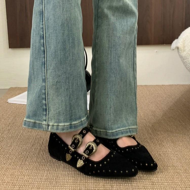 European and American Retro Pointed Flat Bottom Inner Height Increase Soft Leather Mary Jane Shoes Women's Brown Rivets One Word with Shallow Mouth