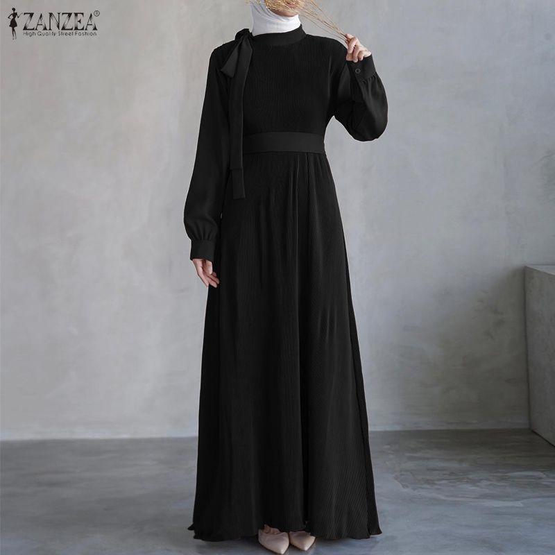 ZANZEA Women Casual Round Neck Loose Long Sleeve Pleated Long Dress