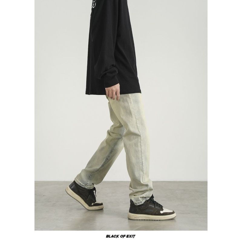 Americké pouliční prané staré zažloutlé volné džíny pánské univerzální střih ležérní výklenku smažené pouliční dlouhé kalhoty