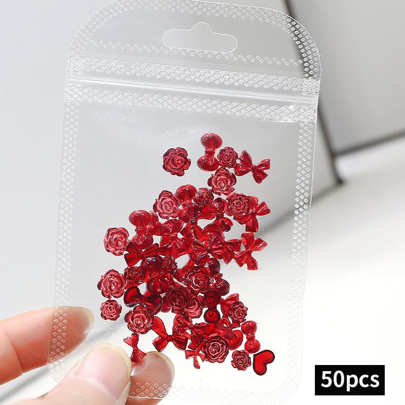 New Year Red Bow Nail Art Charms: Camellia, Heart, Bowknot Resin Press-on Decorations