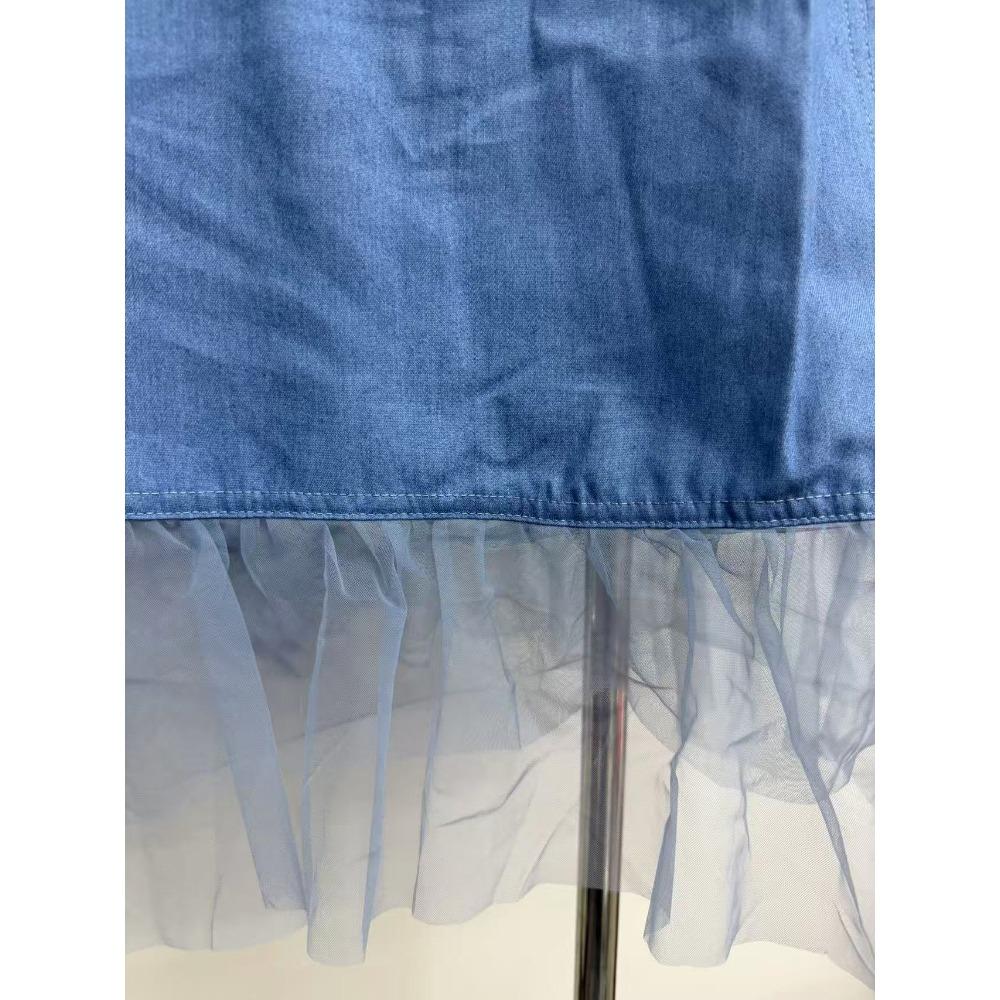 Urban Minimal Denim Dress,Women Summer Slimming Mini Dress with Lantern Sleeves Fake Collar Splicing