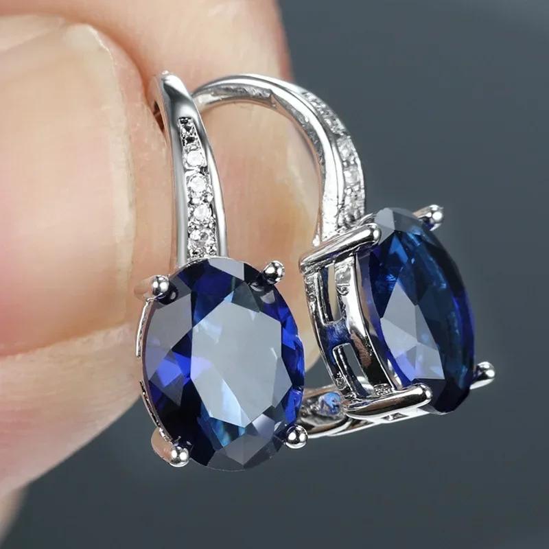 Royal Blue Zircon Oval Earrings Fashionable High-End Design Accessories for Banquets Personalized Simple Zircon