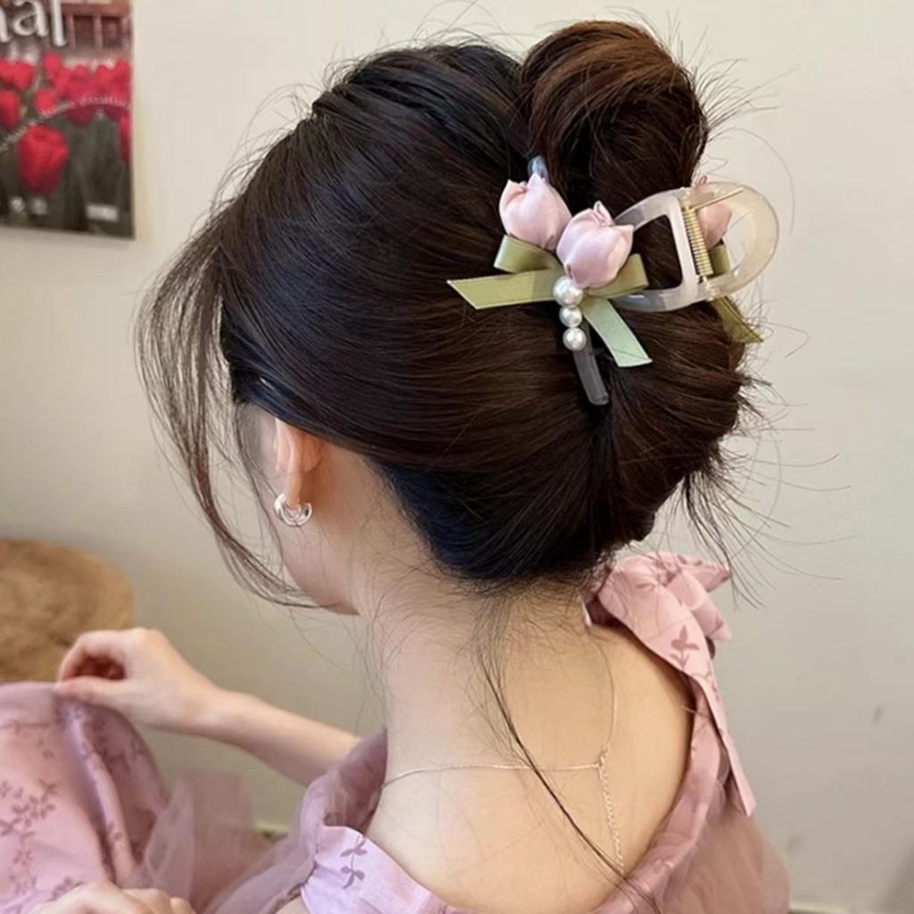 Sweety Flower Pearl Hairpin Elegant Pink Tulip Hair Claw For Women Girls Spring Summer Exquisite Hair Clips Hair Accessories 1pc