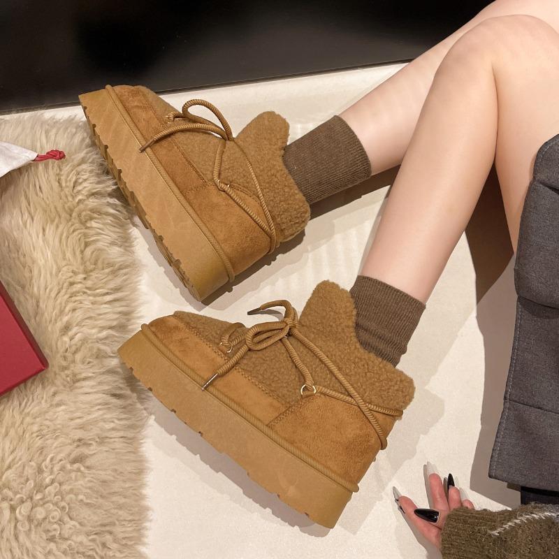 Fashion Platform Cross Strap 2025 Winter New Cotton Shoes with Fleece and Thickening Thermal Short Tube Slip-on Snow Boots