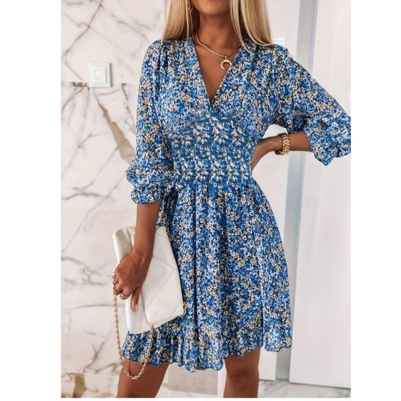 Sweet Summer Fashion Wind Depth V Neck Elastic and Waisted Floral Flounce Half-Length Sleeve Dress 6 Colors Female Dress