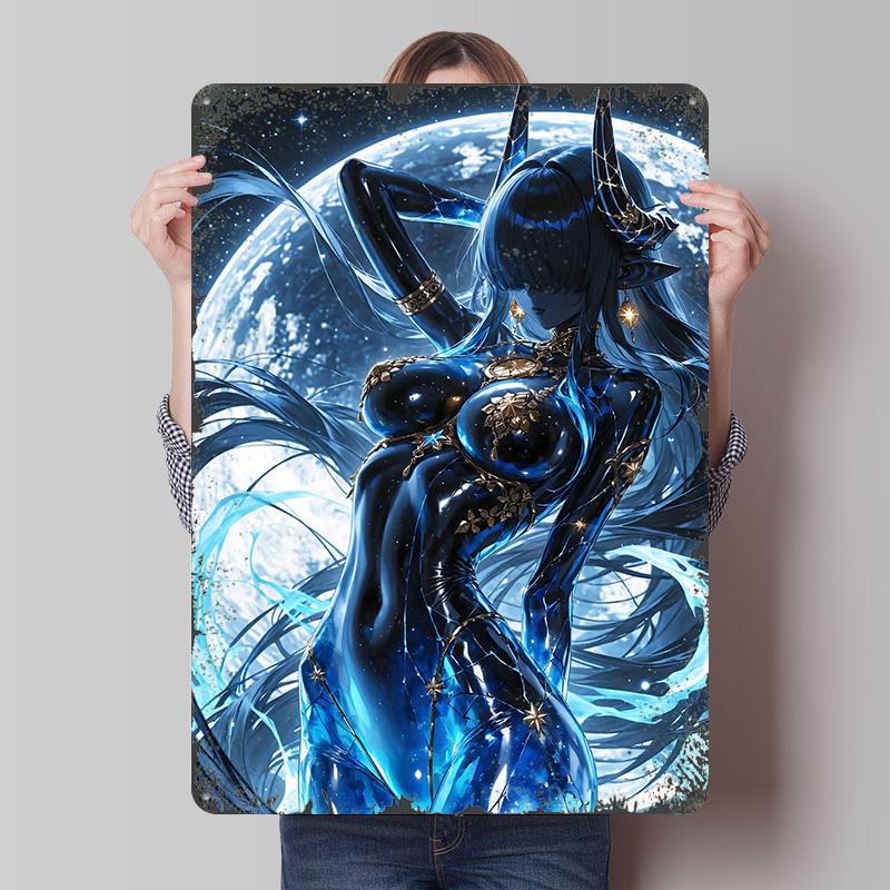 Celestial Horned Woman With Moon Backdrop Tin Plaque Poster Customized Wall Art Retro Vintage Metal Signs for Man Cave Wand Deko