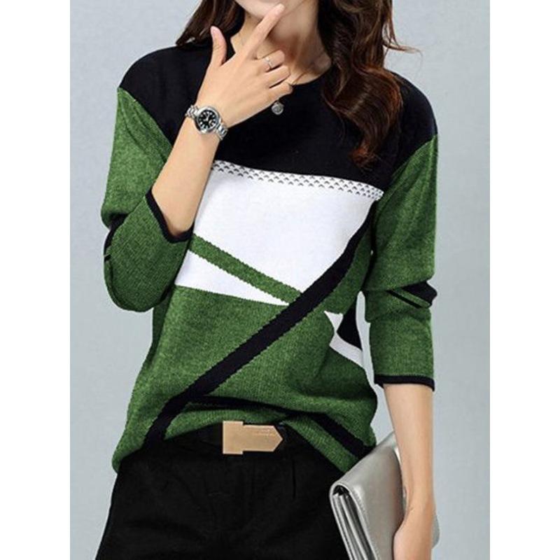 Women‘s Round Neck Long Sleeve Loose Fit T-Shirt Colorblock Print Plus Top
