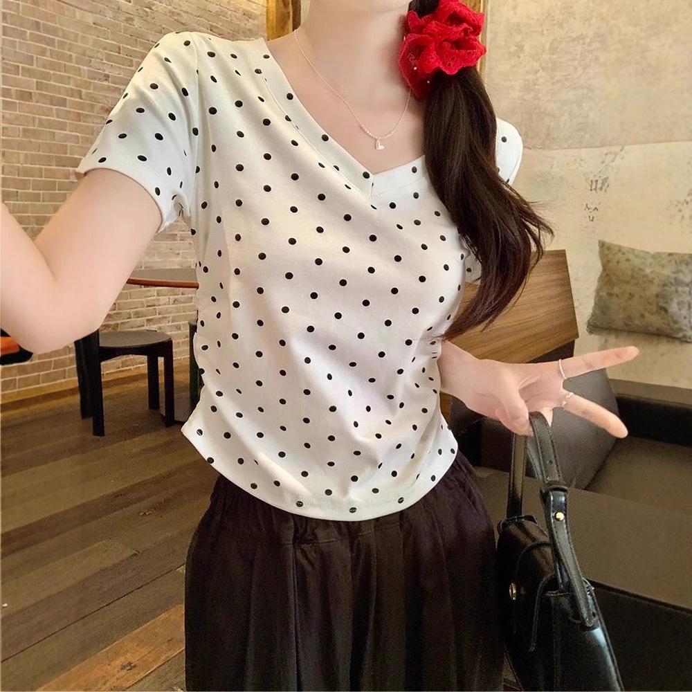 

Women s Gray Polka Dot Pleated Cotton Short Sleeve T-Shirt - Summer 2025 Design Large