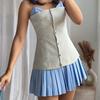 Patchwork Contrast Color Dress Pleated Hem Women Slim Sweet Strap Single Breasted Dresses Blue Y2K College Style 2025 Summer