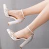 Summer Brand Women Sandals Party Flower Rhinestone Cover Heel 10.5 CM Square Heel Lady Wedding Hot Sale Lovely Women Shoe