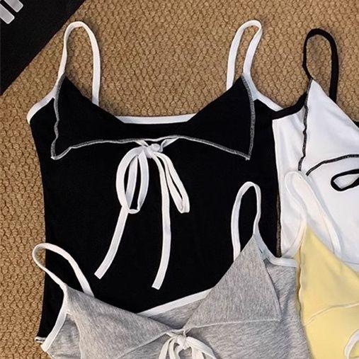 Women's Tie-up Small Lapel Camisole Vest Early Autumn V-neck with Chest Pad Beautiful Back Gray Inner Lining Top