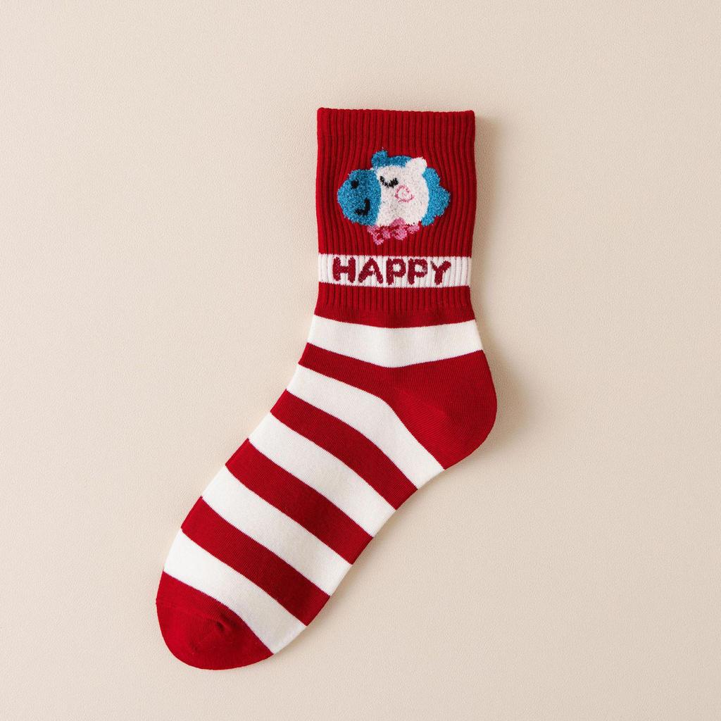 Year of the Horse Red Socks Gift Box: Zodiac-Themed Cartoon Cotton Mid-Calf Socks for New Year Celebrations