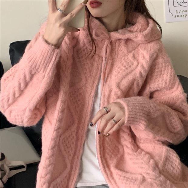Spring Autumn Winter Loose All-match Twist Sweater Coat Women's Lazy Wind Hooded Knitted Cardigan Top Women Sweater