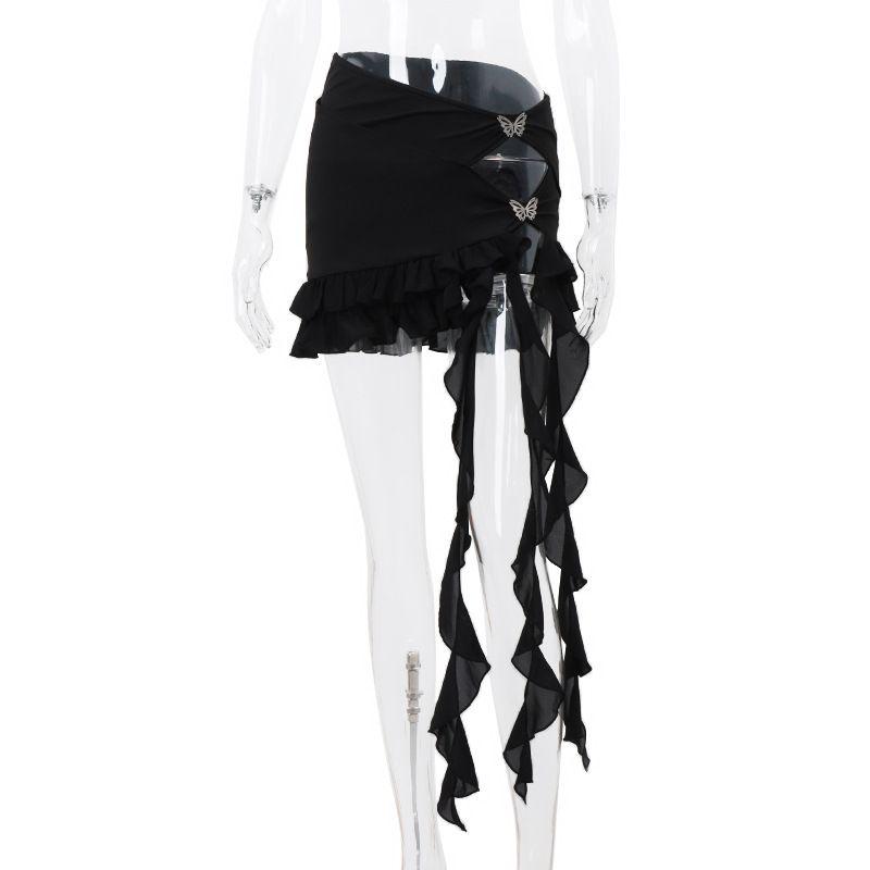 

Hip Wrap Skirt New Arrival Irregular Sexy Pure Desire Mesh Butterfly Decoration Hollow Sheath Skirt Black skirt S