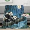 Pandas On Tree Branch Fleece Blanket Moon Night Print Throw Soft Warm All Season Bedding Home Decor Gift For Panda Lovers