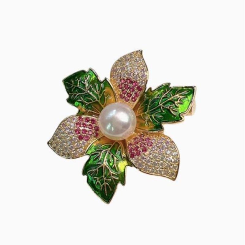 Elegant Colorful Bauhinia Flower Brooches for Women Luxury Pearl Rhinestone Enamel Green Leaves Corsage Accessories Wedding Pin
