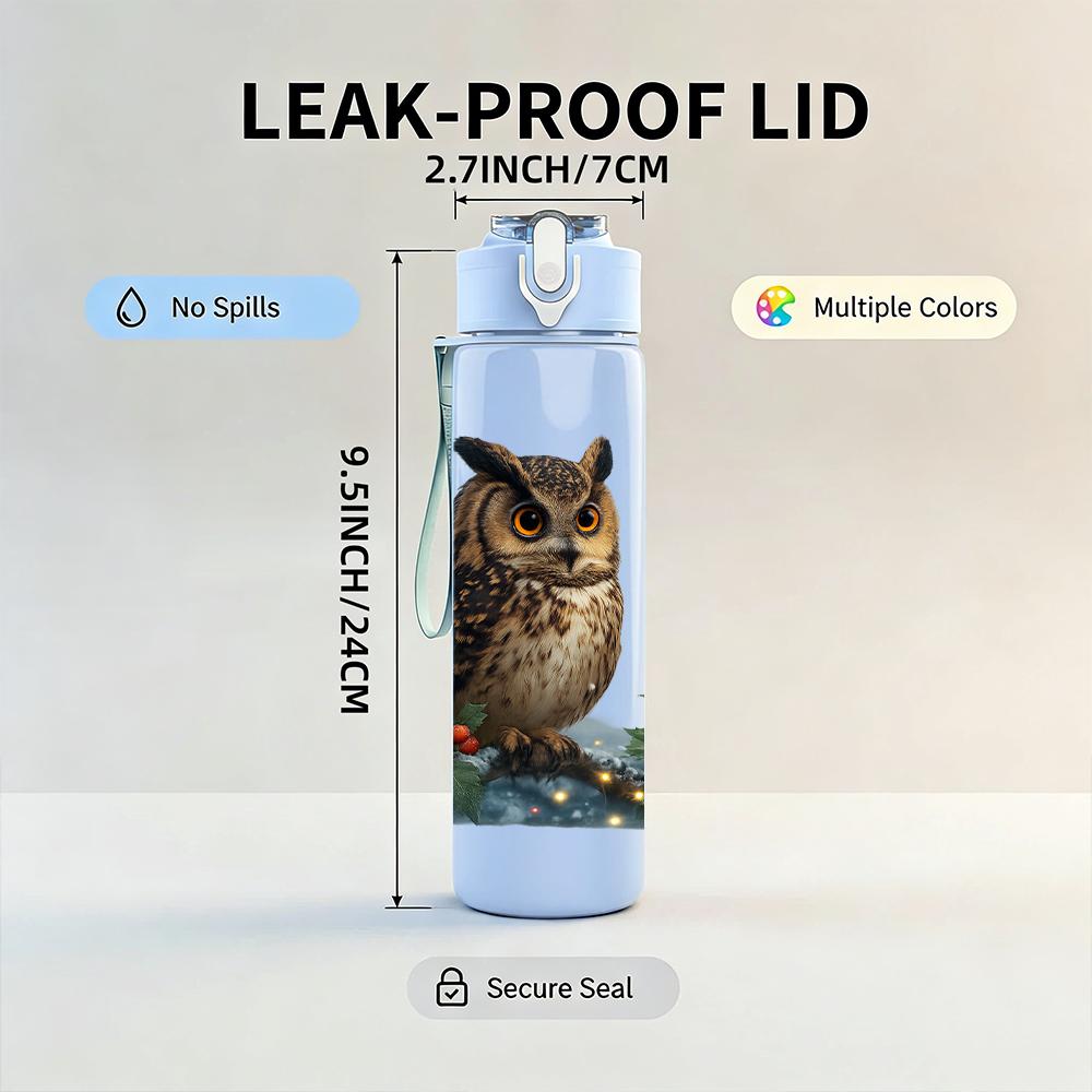 1PC Forest Owl Pine Branch 750ml Color Plastic Sports Water Bottle Leakproof Flip Straw Lid For Sports Office Home Use