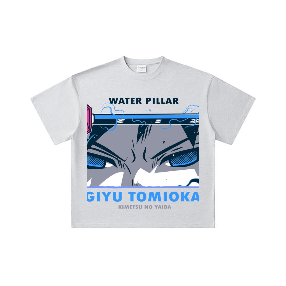 260 GSM Çift İplik 32 Numara %100 Pamuk Demon Slayer V10 Tomioka Baskılı Unisex Ağır Pamuk Tişört