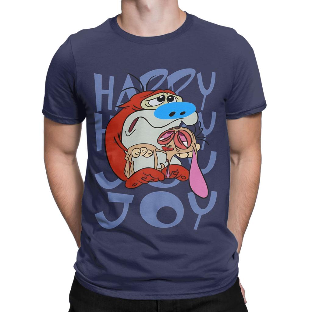 T-shirt Ren And Stimpy Happy Happy Joy Joy T-shirts de Plage Unisexes Coton Col Rond T-shirts Oversize Manches Courtes Y2k Rétro T-shirt