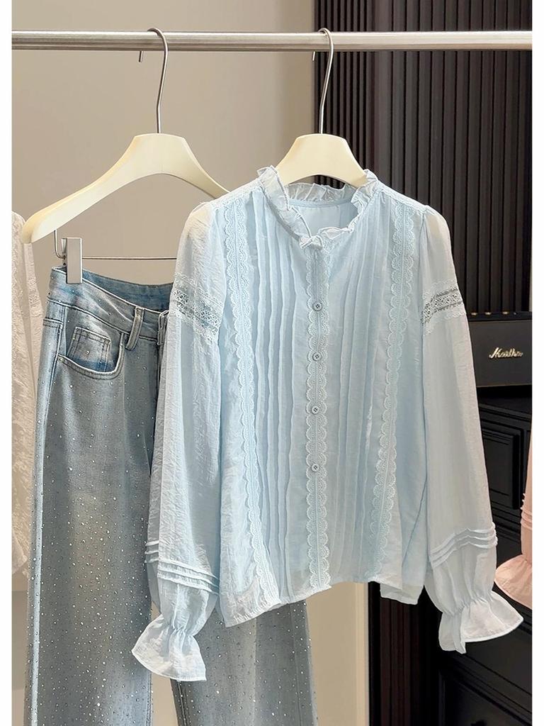 Korean Style High-End Lace Patchwork Lantern Sleeve Shirt for Women - Spring Fashion Top