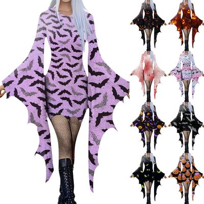 Dámská móda Gothic Punk Bat-Sleeve 3D Roztomilý halloweenský potisk nepravidelných společenských šatů
